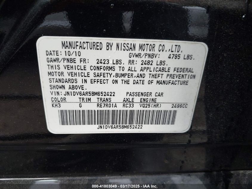 2011 Infiniti G25X VIN: JN1DV6AR5BM652422 Lot: 41803049