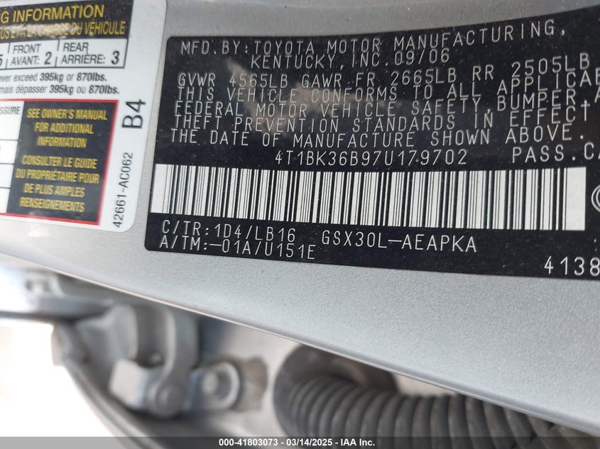 2007 TOYOTA AVALON VIN: 4T1BK36B97U179702