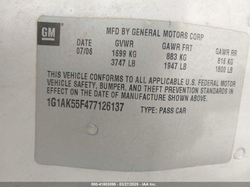 2007 Chevrolet Cobalt Ls VIN: 1G1AK55F477126137 Lot: 41803095