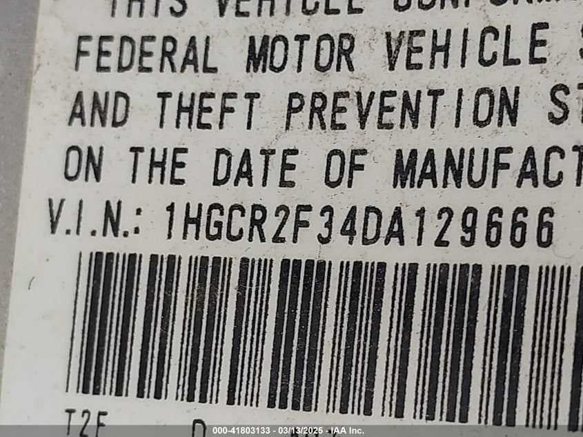 2013 HONDA ACCORD VIN: 1HGCR2F34DA129666