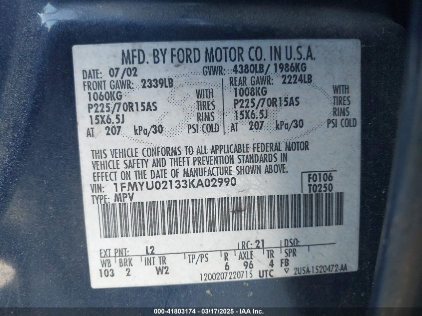 2003 Ford Escape Xls VIN: 1FMYU02133KA02990 Lot: 41803174