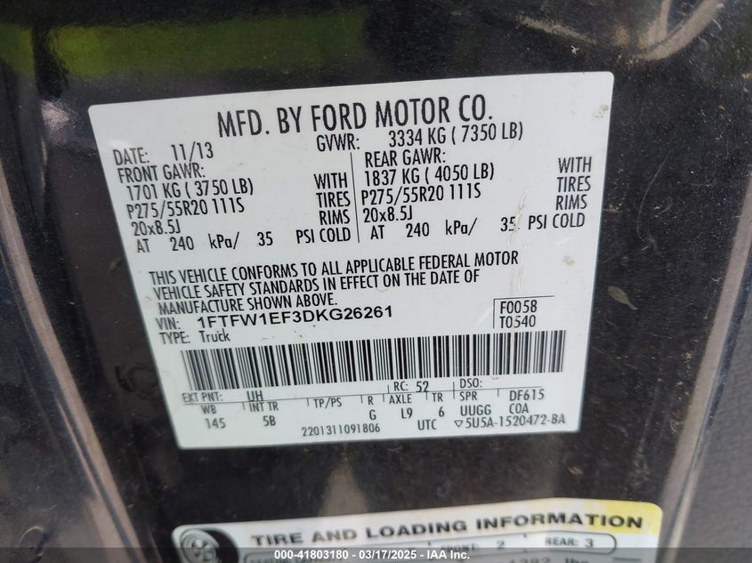 2013 FORD F-150 VIN: 1FTFW1EF3DKG26261