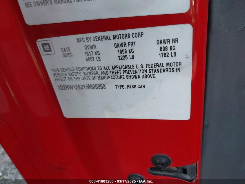 2000 Pontiac Grand Am Gt VIN: 1G2NW12E2YM806353 Lot: 41803280