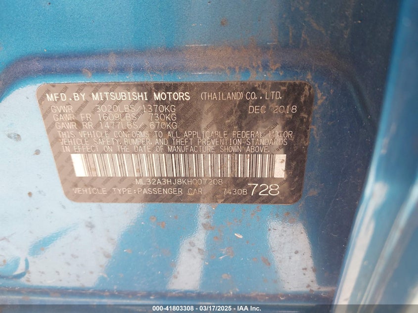 2019 Mitsubishi Mirage Rf VIN: ML32A3HJ8KH007208 Lot: 41803308