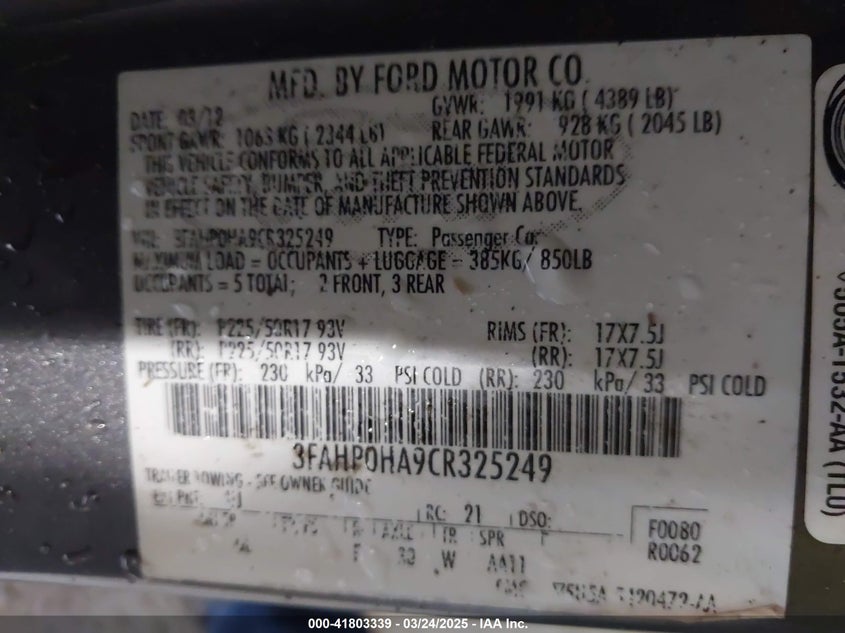 2012 FORD FUSION-4 CYL. VIN: 3FAHP0HA9CR325249