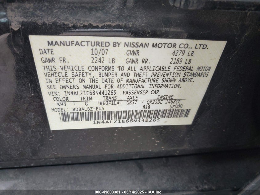 2008 NISSAN ALTIMA VIN: 1N4AL21E68N441265