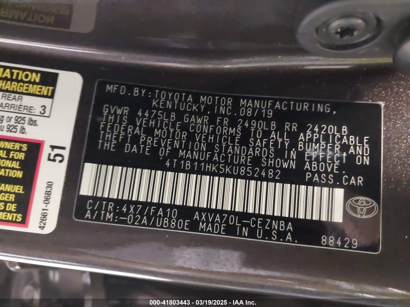 2019 TOYOTA CAMRY VIN: 4T1B11HK5KU852482