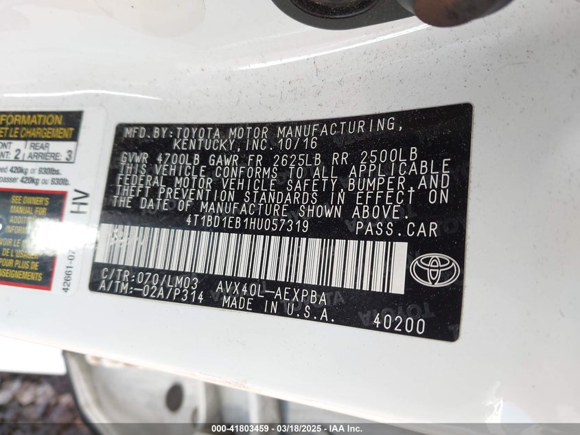 2017 TOYOTA AVALON HYBRID VIN: 4T1BD1EB1HU057319