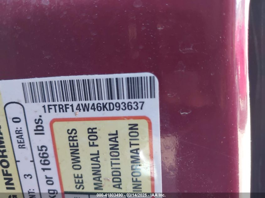 2006 Ford F-150 Stx/Xl/Xlt VIN: 1FTRF14W46KD93637 Lot: 41803490