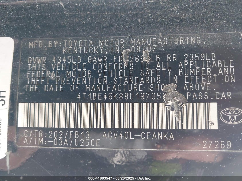 2008 TOYOTA CAMRY VIN: 4T1BE46K88U197056