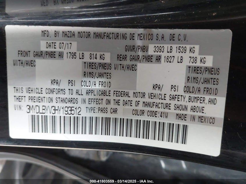 2017 TOYOTA YARIS IA VIN: 3MYDLBYV3HY193512
