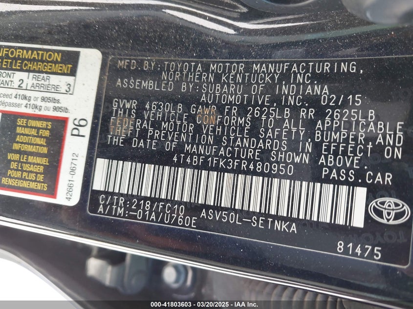 2015 TOYOTA CAMRY LE - 4T4BF1FK3FR480950