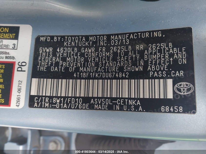 2013 TOYOTA CAMRY VIN: 4T1BF1FK7DU674842
