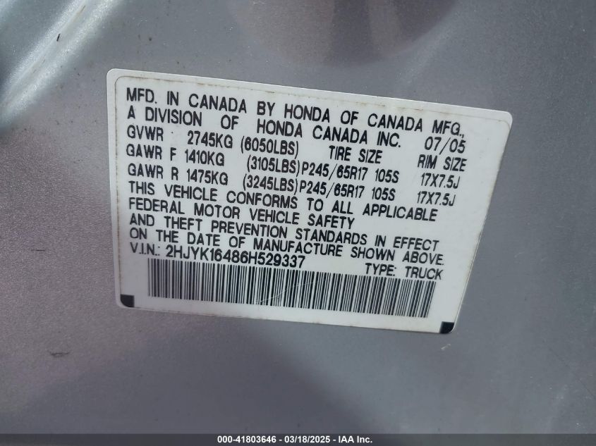 2006 Honda Ridgeline Rts VIN: 2HJYK16486H529337 Lot: 41803646