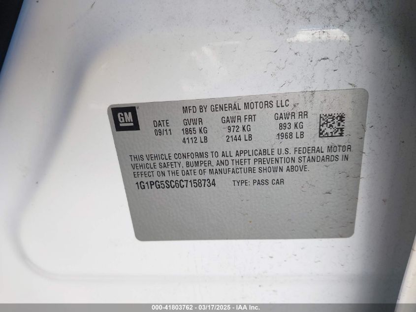 2012 Chevrolet Cruze 2Lt VIN: 1G1PG5SC6C7158734 Lot: 41803762