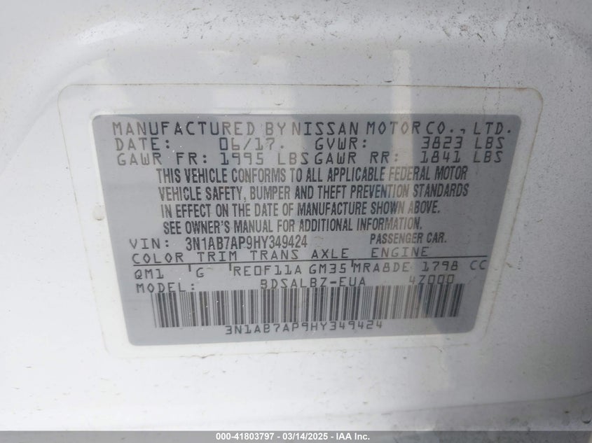 2017 NISSAN SENTRA VIN: 3N1AB7AP9HY349424