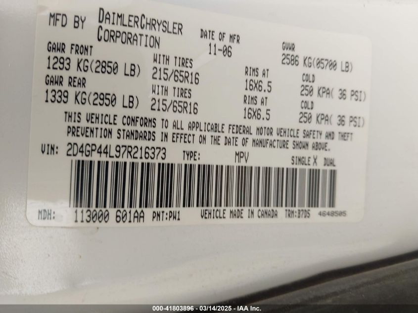 2007 Dodge Grand Caravan Sxt VIN: 2D4GP44L97R216373 Lot: 41803896