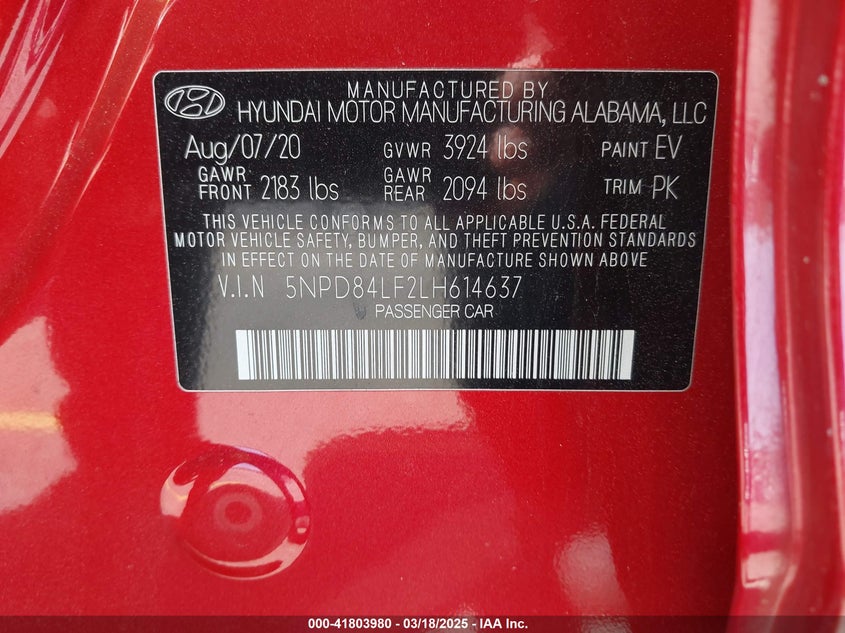 2020 HYUNDAI ELANTRA VIN: 5NPD84LF2LH614637