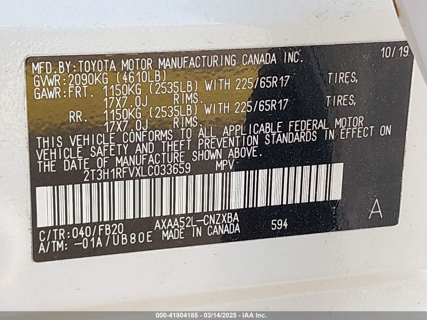 2020 Toyota Rav4 Le VIN: 2T3H1RFVXLC033659 Lot: 41804185