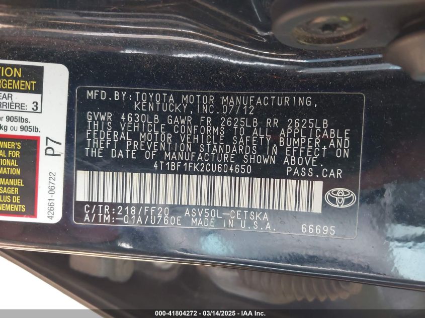 2012 Toyota Camry Se VIN: 4T1BF1FK2CU604650 Lot: 41804272