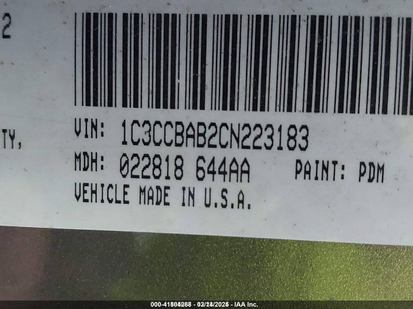 2012 Chrysler 200 Lx VIN: 1C3CCBAB2CN223183 Lot: 41804288