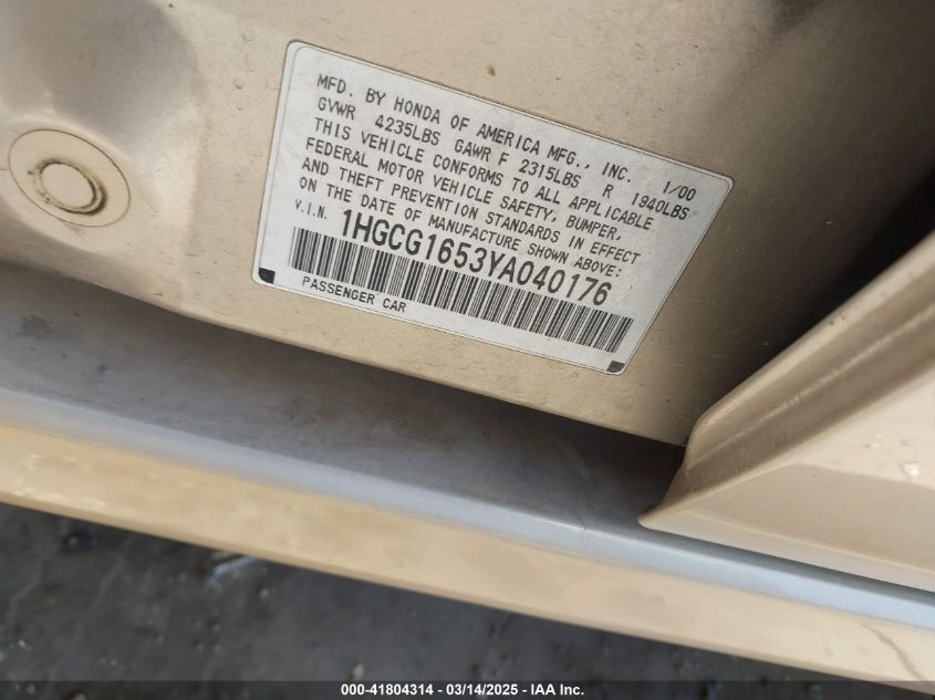2000 Honda Accord 3.0 Ex VIN: 1HGCG1653YA040176 Lot: 41804314