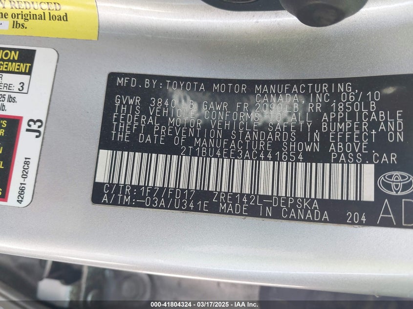 2010 TOYOTA COROLLA VIN: 2T1BU4EE3AC441654