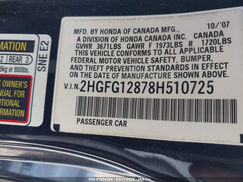 2008 Honda Civic Ex VIN: 2HGFG12878H510725 Lot: 41804354