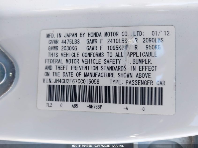 2012 Acura Tsx 2.4 VIN: JH4CU2F67CC016058 Lot: 41442536