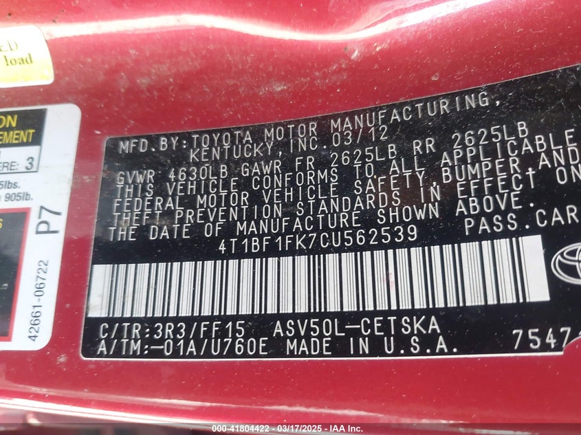 2012 TOYOTA CAMRY VIN: 4T1BF1FK7CU562539