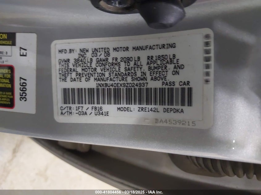 2009 TOYOTA COROLLA VIN: 1NXBU40EX9Z024937