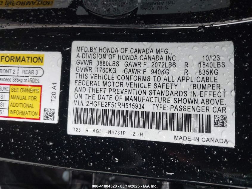 2024 Honda Civic Sport VIN: 2HGFE2F51RH515934 Lot: 41804520