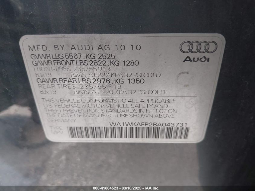 2011 Audi Q5 3.2 Premium Plus VIN: WA1WKAFP2BA043731 Lot: 41804523