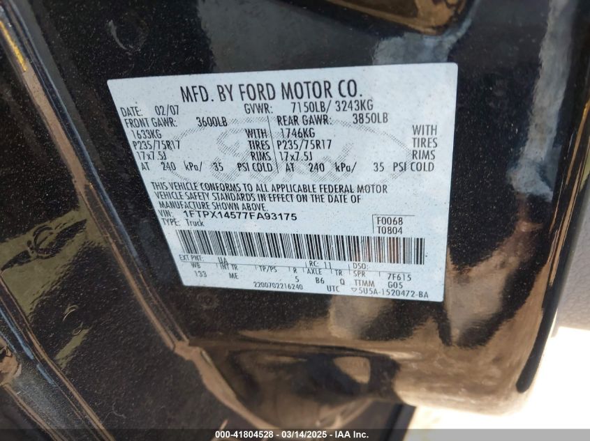 2007 Ford F-150 VIN: 1FSPX14577FA93175 Lot: 41804528