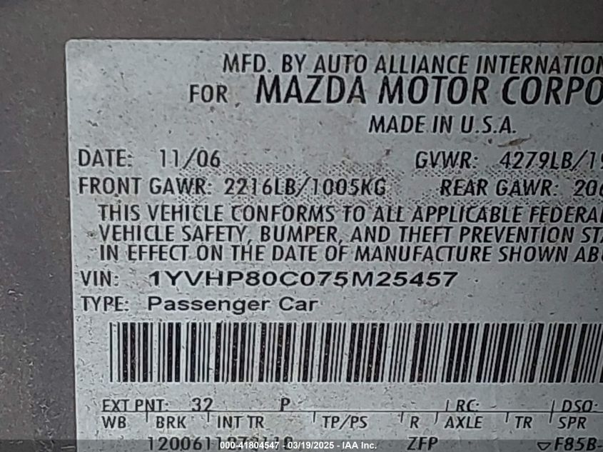 2007 Mazda Mazda6 I Sport VIN: 1YVHP80C075M25457 Lot: 41804547