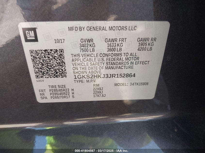 2018 GMC Yukon Xl Denali VIN: 1GKS2HKJ3JR152864 Lot: 41804567