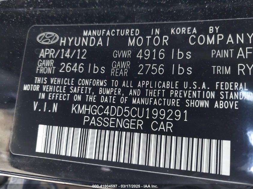 2012 Hyundai Genesis 3.8 VIN: KMHGC4DD5CU199291 Lot: 41804597