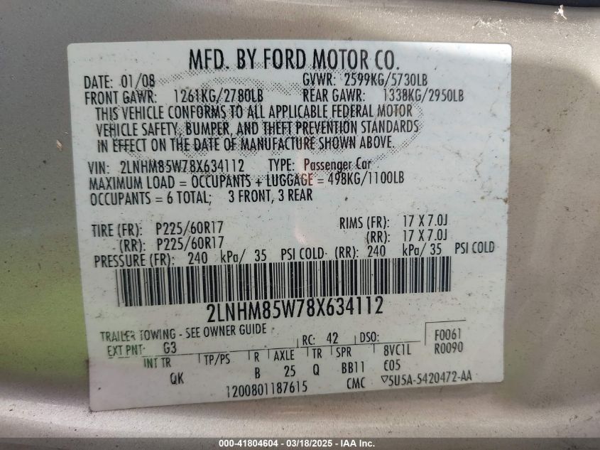 2008 Lincoln Town Car Signature L VIN: 2LNHM85W78X634112 Lot: 41804604