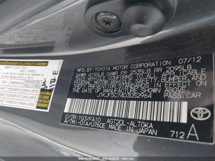 2013 SCION TC VIN: JTKJF5C74D3052964