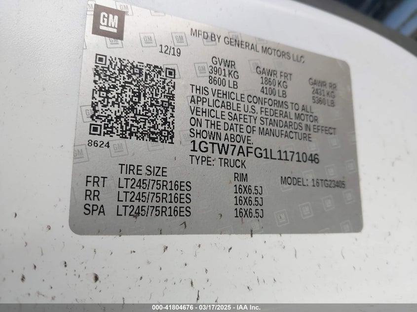 2020 GMC Savana Cargo Rwd 2500 Regular Wheelbase Work Van VIN: 1GTW7AFG1L1171046 Lot: 41804676