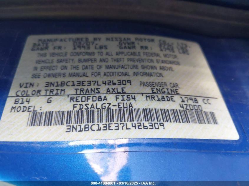 2007 Nissan Versa 1.8Sl VIN: 3N1BC13E37L426309 Lot: 41804801