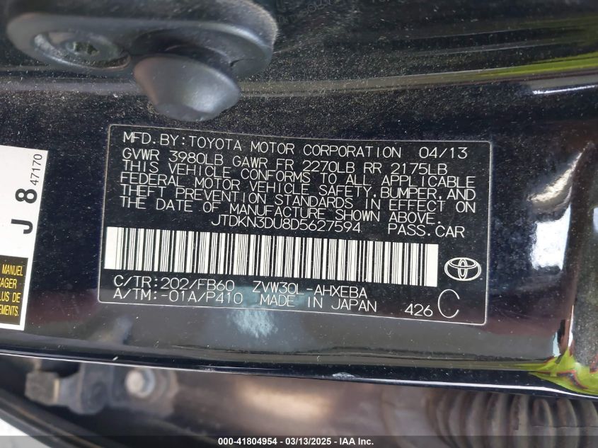 2013 Toyota Prius Two VIN: JTDKN3DU8D5627594 Lot: 41804954