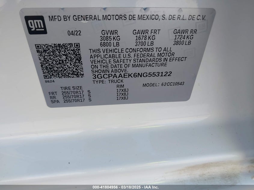 2022 CHEVROLET SILVERADO 1500 VIN: 3GCPAAEK6NG553122