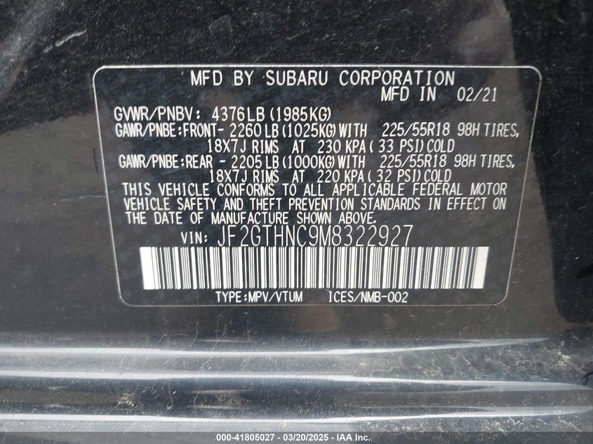 2021 SUBARU CROSSTREK 2.5L H-4 DI, DOHC, V(VIN: JF2GTHNC9M8322927