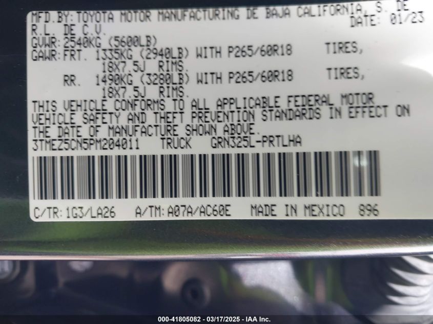 2023 Toyota Tacoma Limited VIN: 3TMEZ5CN5PM204011 Lot: 41805082