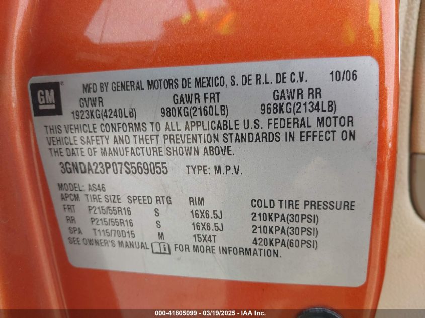 2007 Chevrolet Hhr Lt VIN: 3GNDA23P07S569055 Lot: 41805099