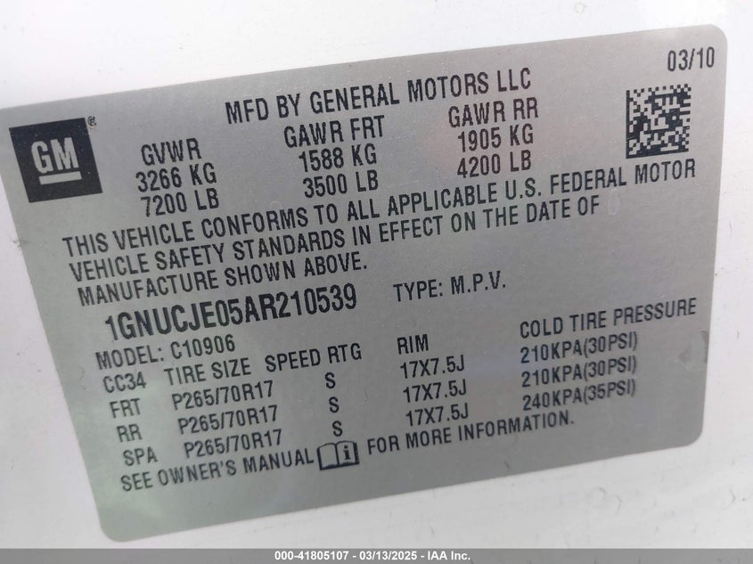 2010 CHEVROLET SUBURBAN VIN: 1GNUCJE05AR210539
