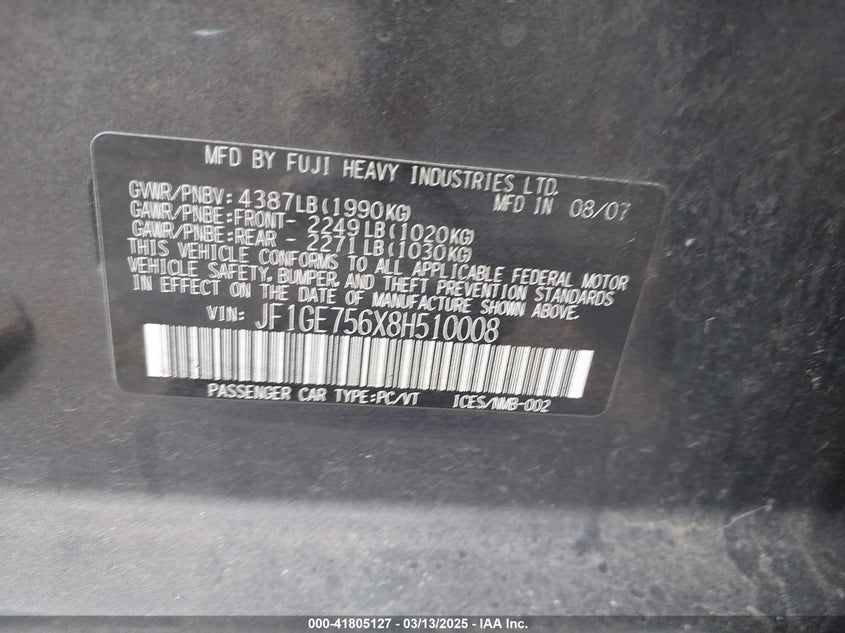 2008 SUBARU IMPREZA VIN: JF1GE756X8H510008