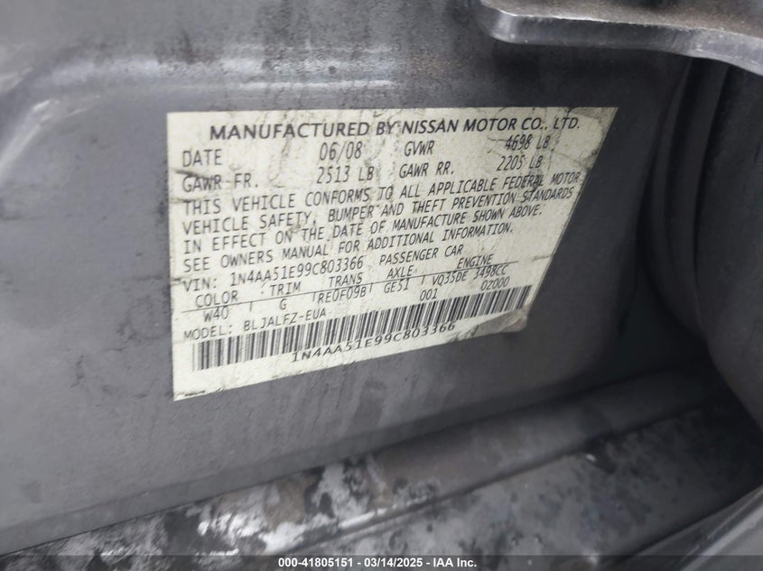 2009 NISSAN MAXIMA VIN: 1N4AA51E99C803366