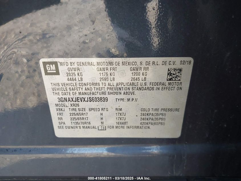 2018 Chevrolet Equinox Lt VIN: 3GNAXJEVXJS603839 Lot: 41805211